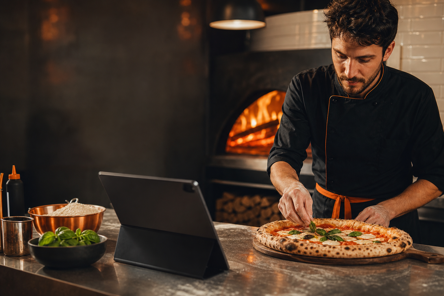 Escena referencial de cocina con apoyo digital